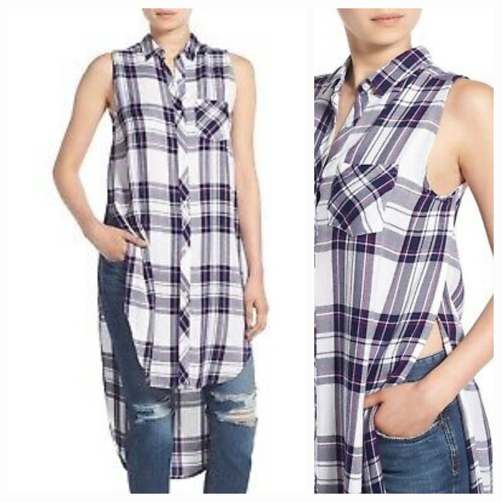 Rails Jordyn Plaid Sleeveless Button Down Midi Shirt Dress Tunic Top